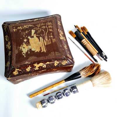 LACQUERED BOX AND CALLIGRAPHY BRUSHES