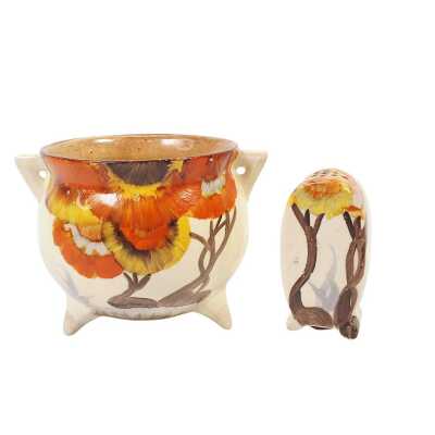 CLARICE CLIFF SUGAR BOWL & PEPPER SHAKER
